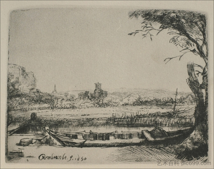 有运河和大船的景观 Landscape with a Canal and Large Boat (1650)，伦勃朗