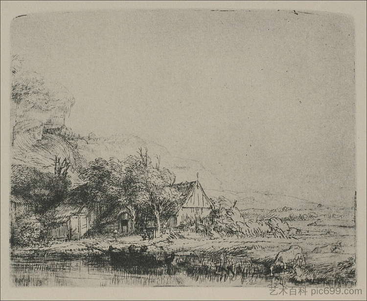 牛在喝水的风景 Landscape with a Cow Drinking (1649),伦勃朗