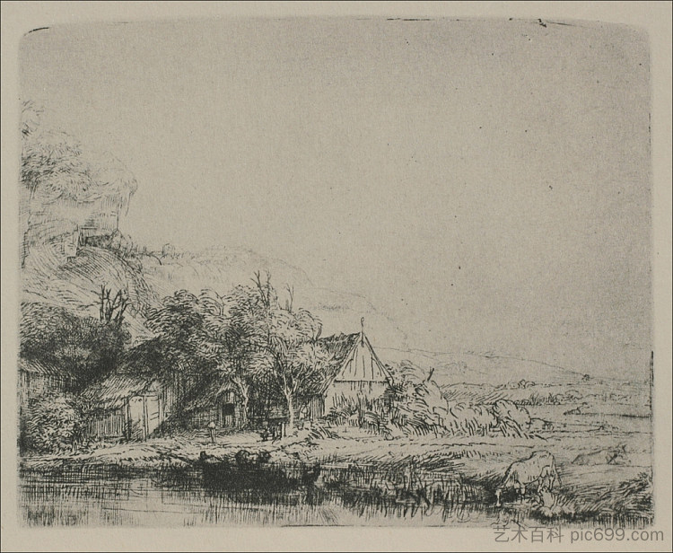 牛在喝水的风景 Landscape with a Cow Drinking (1649)，伦勃朗