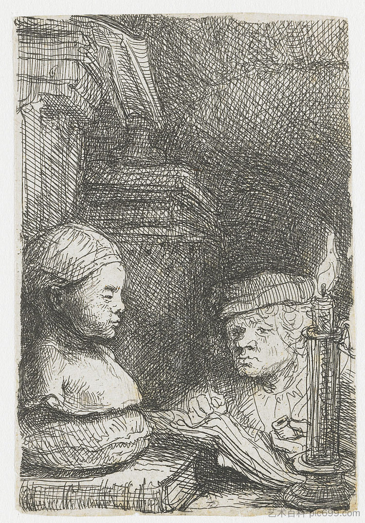 从演员中抽取的男人 Man drawing from a cast (1641),伦勃朗