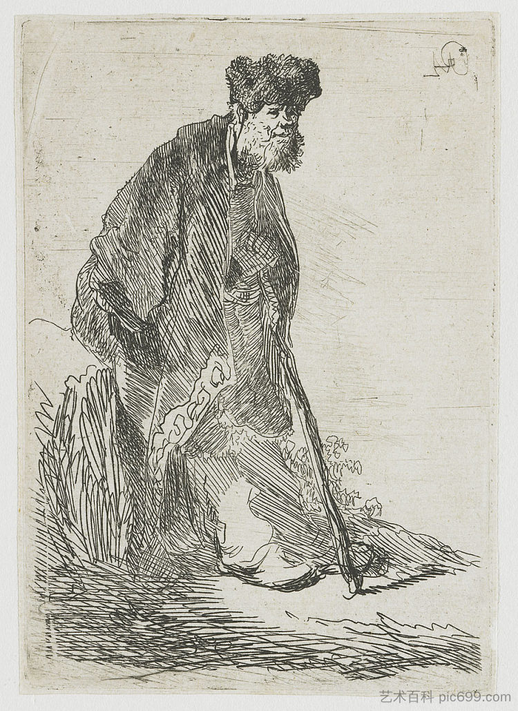 穿着外套和皮帽的男人靠在银行上 Man in a coat and fur cap leaning against a bank (1630)，伦勃朗