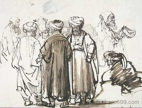 穿着东方服装的男人和两个乞丐的半身像 Men in oriental dress and two studies of a beggar in the half figure (c.1640 - 1645),伦勃朗