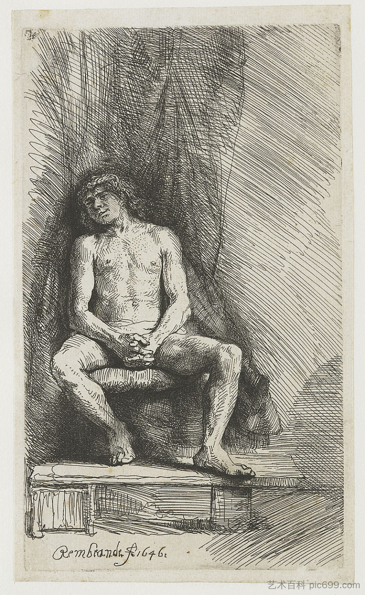 坐在帘子前的裸体男子 Nude man seated before a curtain (1646),伦勃朗