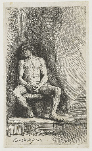 坐在帘子前的裸体男子 Nude man seated before a curtain (1646)，伦勃朗