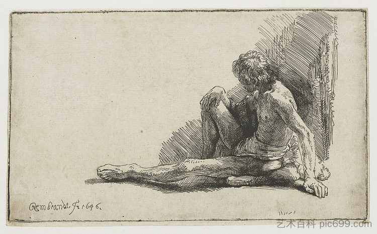 裸男坐在地上，一条腿伸着 Nude man seated on the ground with one leg extended (1646)，伦勃朗