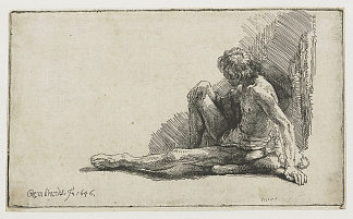 裸男坐在地上，一条腿伸着 Nude man seated on the ground with one leg extended (1646)，伦勃朗