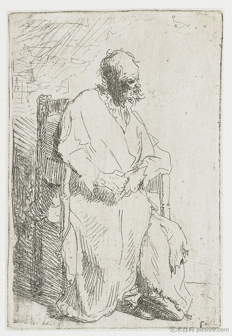 穿着长斗篷坐在扶手椅上的老人 Old man in a long cloak sitting in an armchair (1630)，伦勃朗