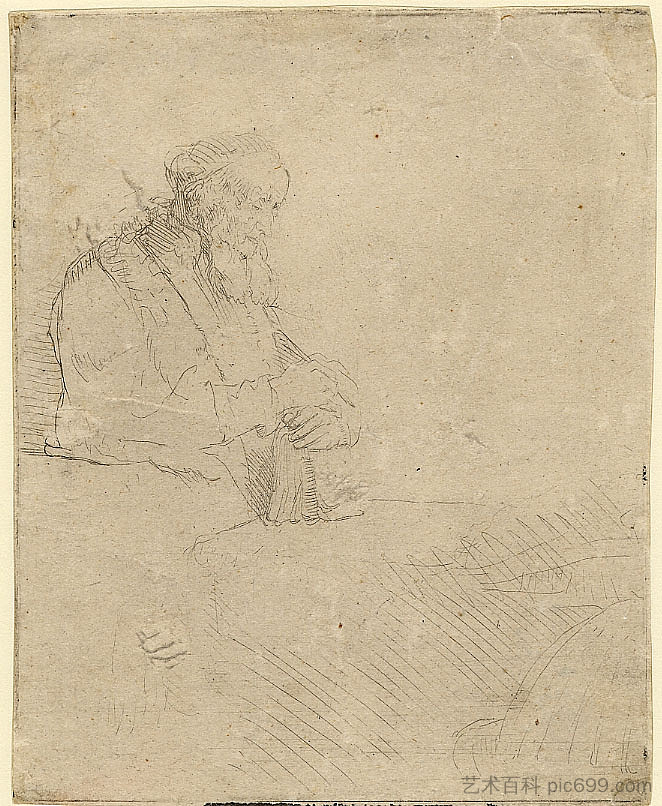 老人靠在一本书上沉思 Old man in meditation, leaning on a book (1645),伦勃朗