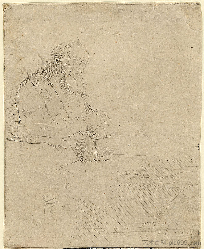 老人靠在一本书上沉思 Old man in meditation, leaning on a book (1645)，伦勃朗