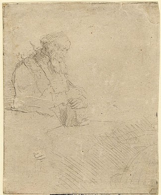 老人靠在一本书上沉思 Old man in meditation, leaning on a book (1645)，伦勃朗
