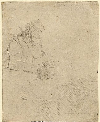 老人靠在一本书上沉思 Old man in meditation, leaning on a book (1645)，伦勃朗