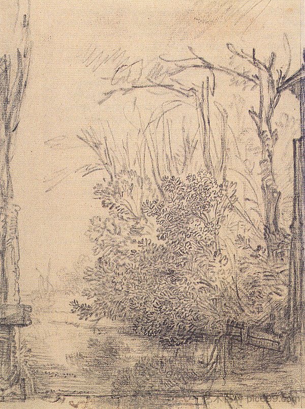 沟渠中悬垂的灌木丛 Overhanging bushes in a ditch (c.1640)，伦勃朗