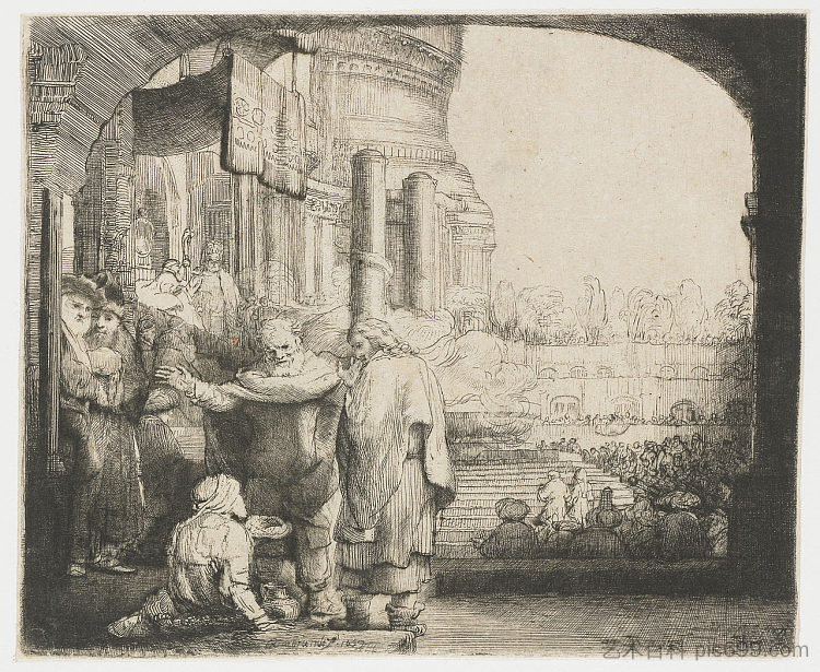 彼得和约翰在圣殿门口医治瘸子 Peter and John healing the cripple at the gate of the Temple (1659),伦勃朗