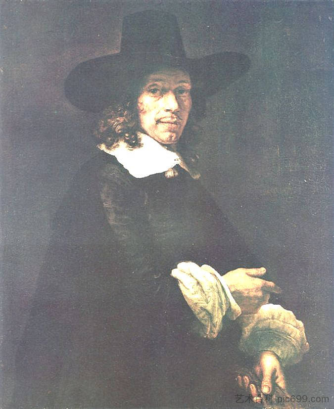 一位戴着高帽子和手套的绅士肖像 Portrait of a Gentleman with a Tall Hat and Gloves (1660)，伦勃朗