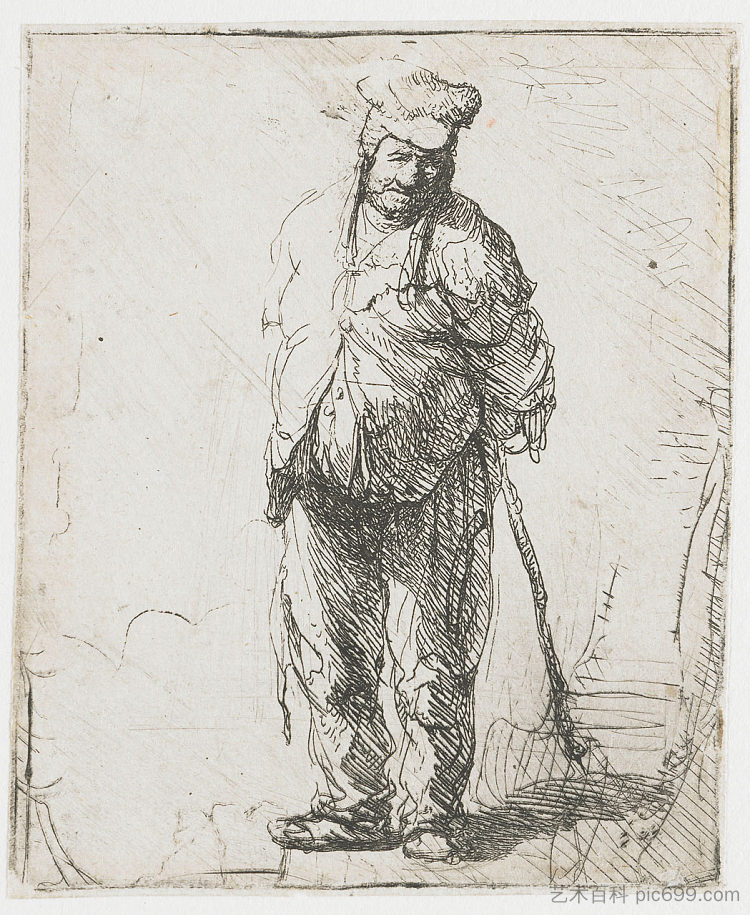 衣衫褴褛的农民，双手背在身后，拿着一根棍子 Ragged peasant with his hands behind him, holding a stick (1630)，伦勃朗