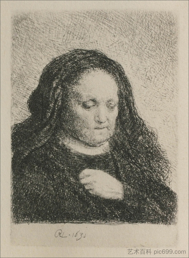 伦勃朗的母亲穿着黑色连衣裙，作为小直立印花 Rembrandt`s Mother in a Black Dress, as Small Upright Print (1631)，伦勃朗