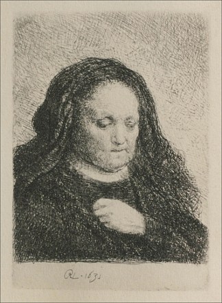 伦勃朗的母亲穿着黑色连衣裙，作为小直立印花 Rembrandt`s Mother in a Black Dress, as Small Upright Print (1631)，伦勃朗