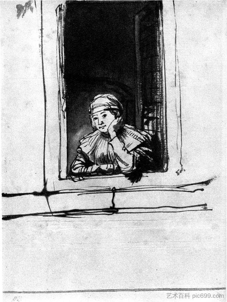 萨斯基亚看着窗外 Saskia looking out of a window (1634 - 1635)，伦勃朗