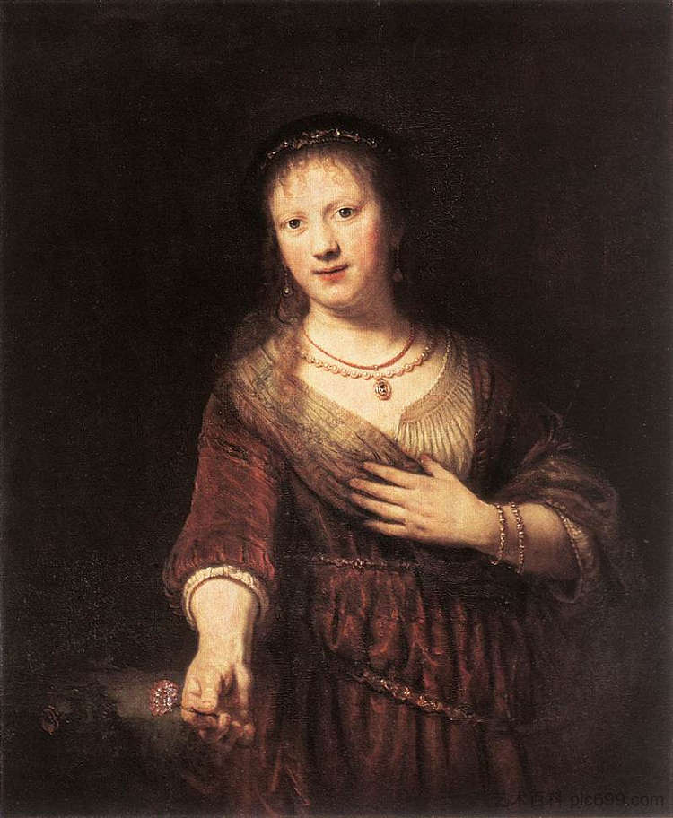萨斯基亚与一朵红花 Saskia with a Red Flower (1641),伦勃朗