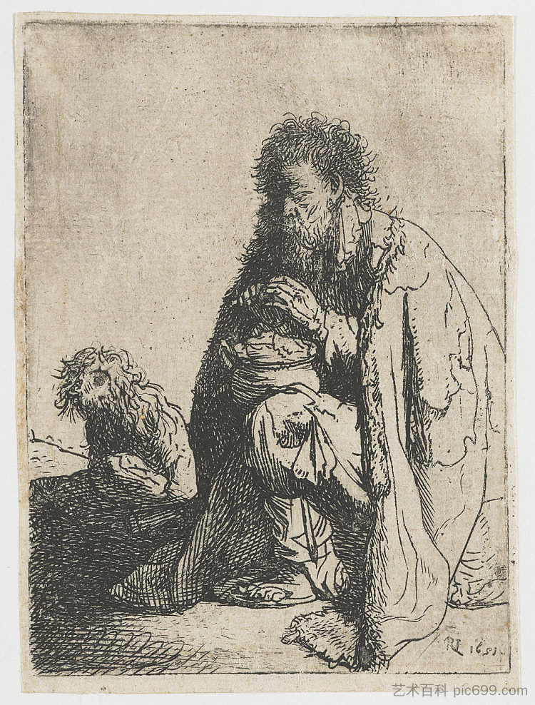 坐着的乞丐和他的狗 Seated beggar and his dog (1629)，伦勃朗