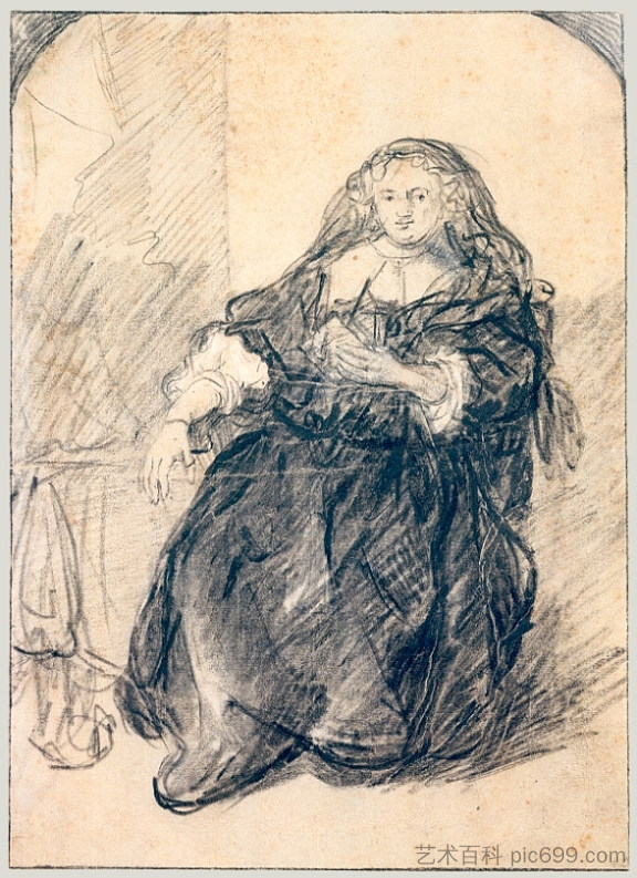 萨斯基亚坐着,左手拿着一封信 Seated Saskia with a letter in her left hand (c.1633 - 1635),伦勃朗
