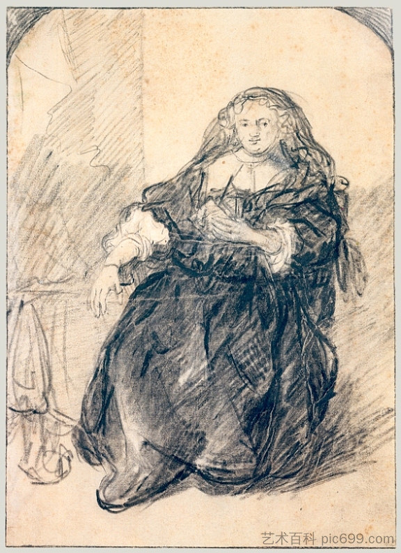 萨斯基亚坐着，左手拿着一封信 Seated Saskia with a letter in her left hand (c.1633 - 1635)，伦勃朗