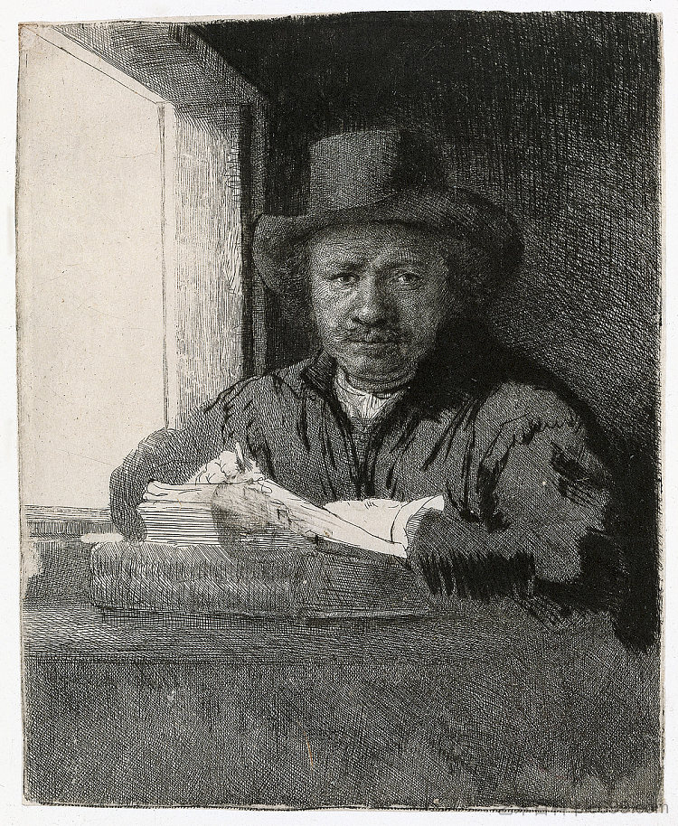 窗边自画像 Self-portrait drawing at a window (1648)，伦勃朗