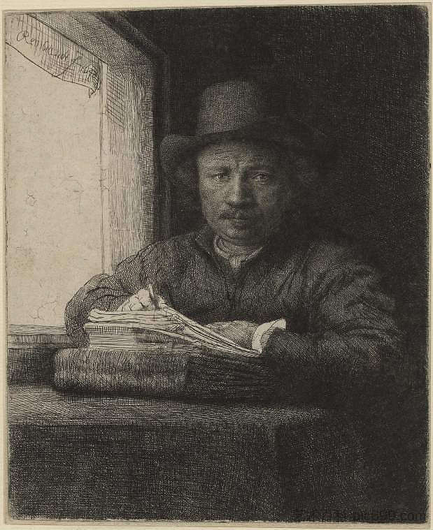 自画像，窗边画 Self-Portrait, Drawing at a Window (1648)，伦勃朗