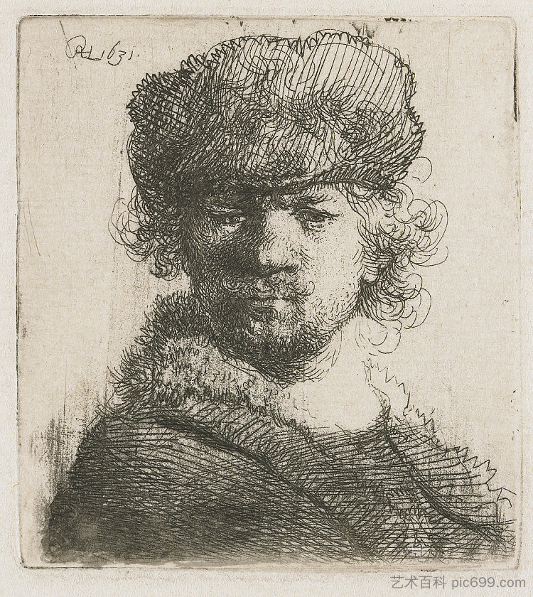 厚重的皮帽半身像中的自画像 Self-portrait in a heavy fur cap bust (1631)，伦勃朗