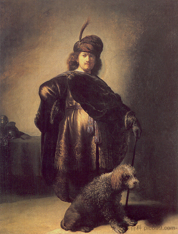 穿东方服装与贵宾犬的自画像 Self-portrait in oriental attire with poodle (1631),伦勃朗