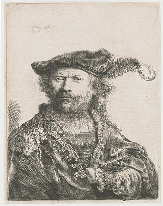 天鹅绒帽和羽毛的自画像 Self-portrait in velvet cap and plume (1638)，伦勃朗