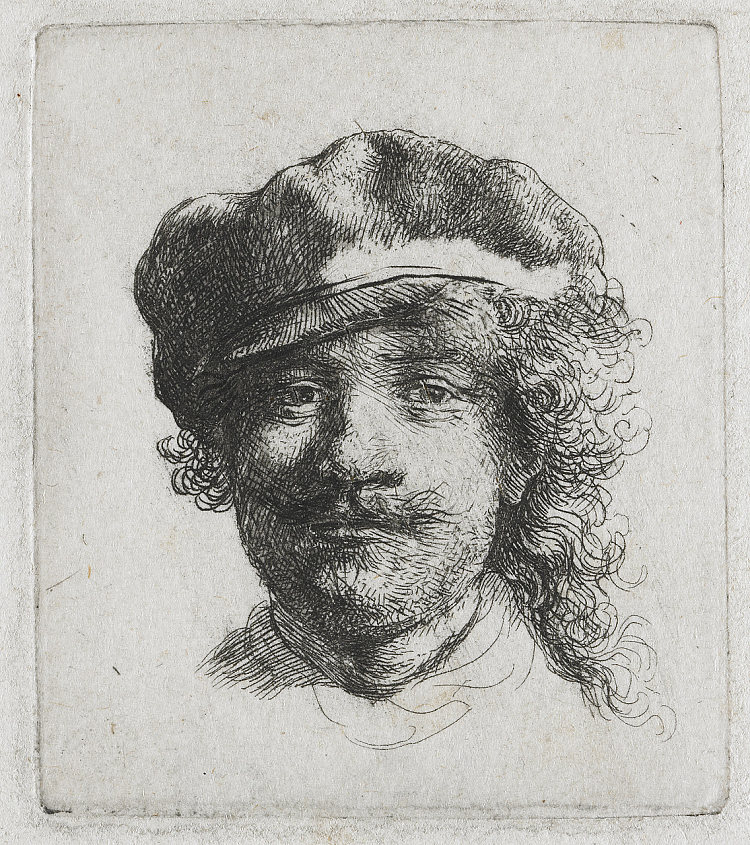 戴着软帽全脸的自画像，只有头 Self-portrait wearing a soft cap full face, head only (1634)，伦勃朗
