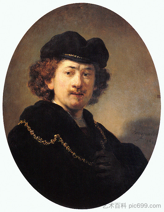 带帽子和金链子的自画像 Self-portrait with Hat and Gold Chain (1633)，伦勃朗