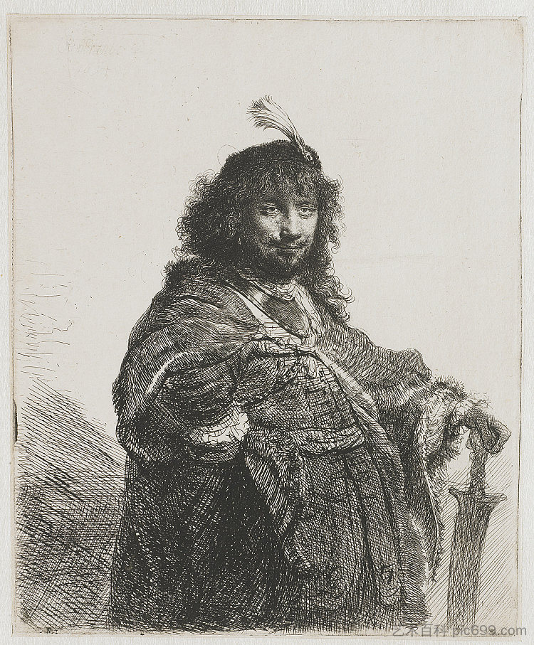 带羽毛帽和降低军刀的自画像 Self-portrait with plumed cap and lowered sabre (1634),伦勃朗