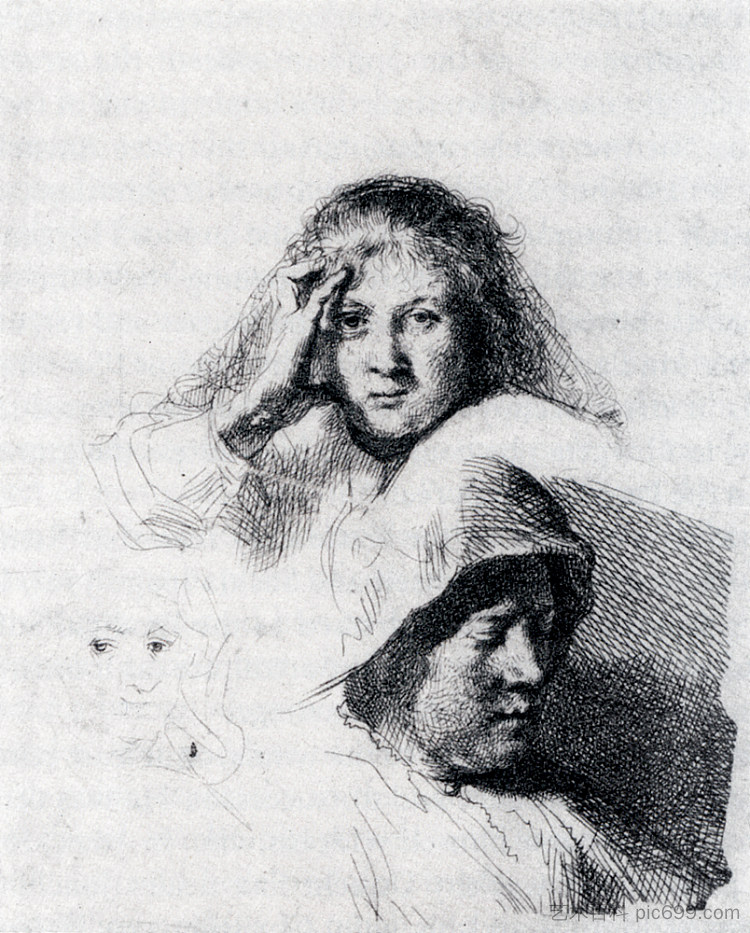带有萨斯基亚肖像的草图表 Sheet Of Sketches With A Portrait Of Saskia (c.1635),伦勃朗
