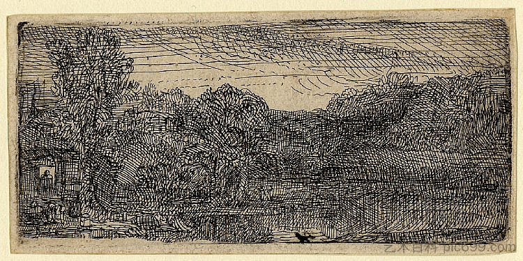 灰色的小景观,房子和游泳池旁的树木 Small gray landscape, a house and trees beside a pool (1640),伦勃朗