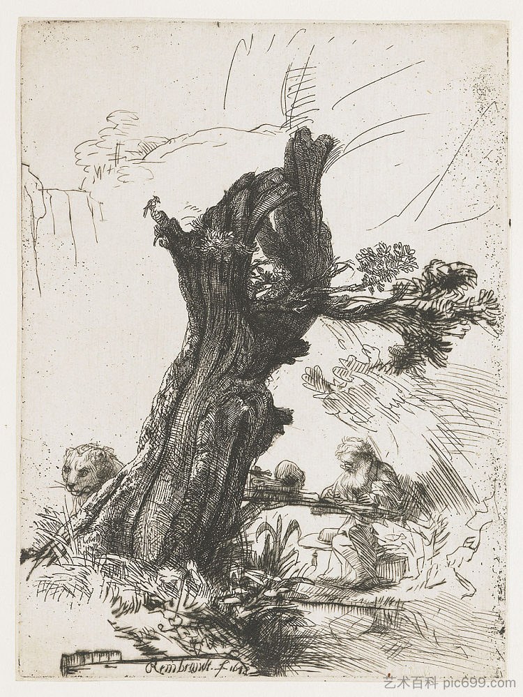 圣杰罗姆在柳树旁 St. Jerome beside a pollard willow (1648),伦勃朗