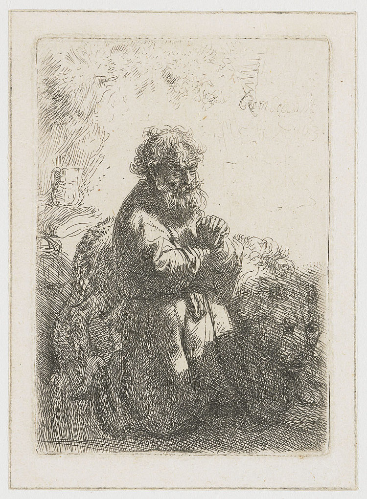 圣杰罗姆跪下祈祷,向下看 St. Jerome kneeling in prayer, looking down (1635),伦勃朗