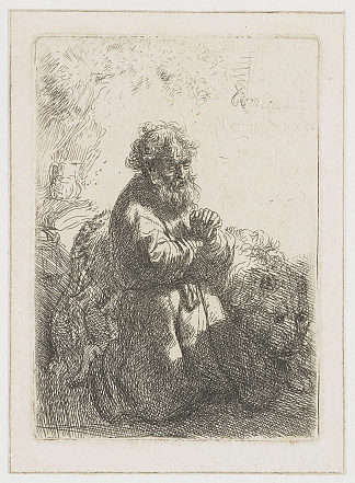 圣杰罗姆跪下祈祷，向下看 St. Jerome kneeling in prayer, looking down (1635)，伦勃朗