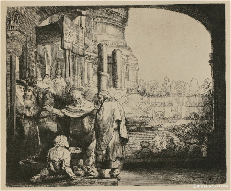 圣彼得和圣约翰在圣殿的入口处 St. Peter and St. John at the Entrance to the Temple (1649)，伦勃朗