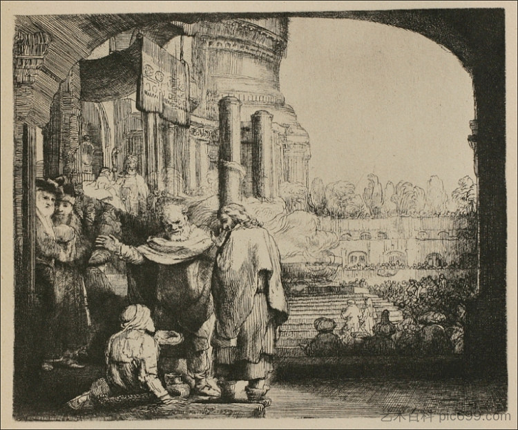 圣彼得和圣约翰在圣殿的入口处 St. Peter and St. John at the Entrance to the Temple (1649),伦勃朗
