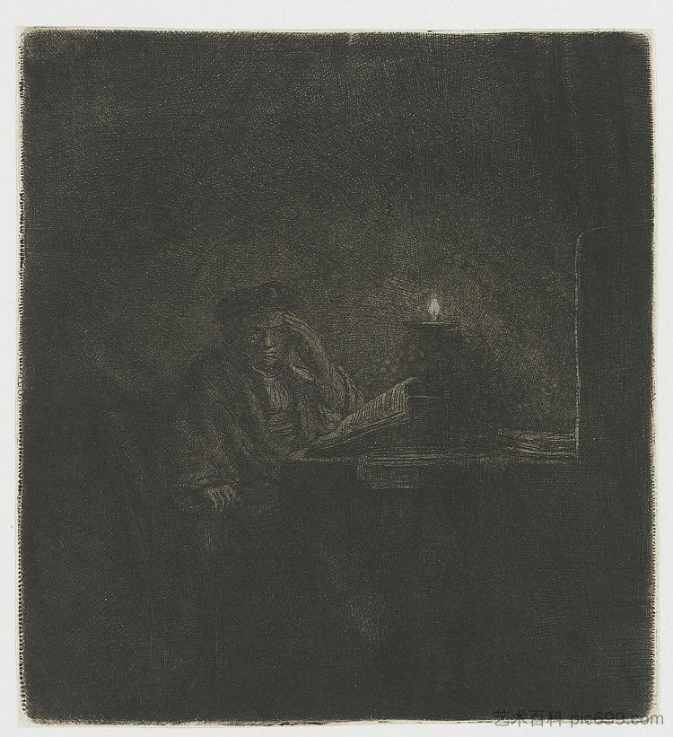 学生在烛光下的桌子旁 Student at a table by candlelight (1642)，伦勃朗