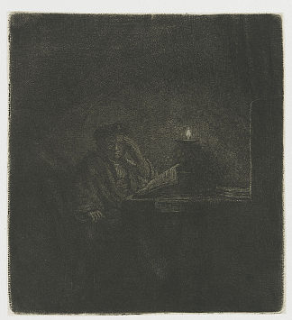 学生在烛光下的桌子旁 Student at a table by candlelight (1642)，伦勃朗