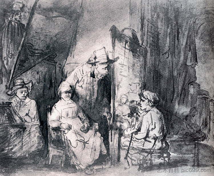 摄影棚场景与保姆 Studio Scene With Sitters (1650)，伦勃朗