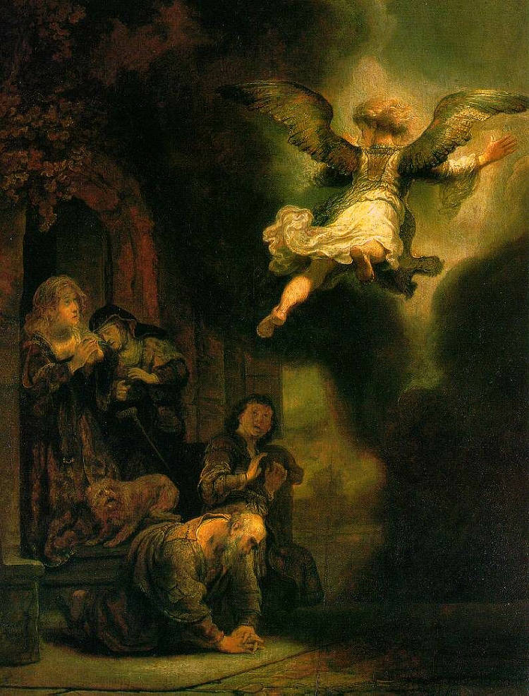 大天使拉斐尔离开托比特家族 The Archangel Raphael Taking Leave of the Tobit Family (1637)，伦勃朗