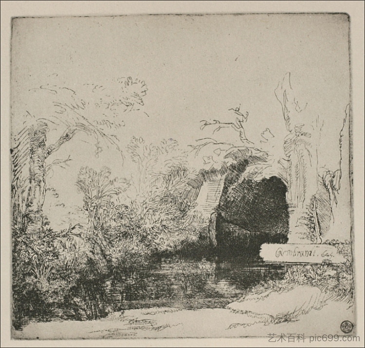 船屋被称为有小溪的洞穴 The Boathouse called a Grotto with a Brook (1645)，伦勃朗