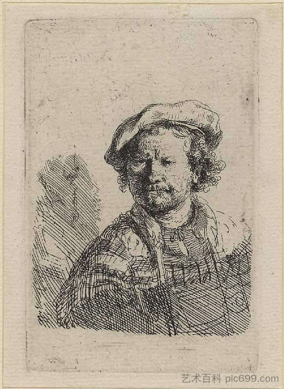 戴着平顶帽和刺绣连衣裙的自画像 Self Portrait in a Flat Cap and Embroidered Dress (1642),伦勃朗