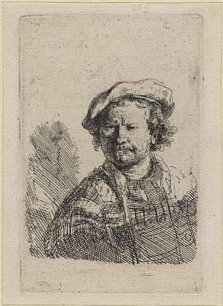 戴着平顶帽和刺绣连衣裙的自画像 Self Portrait in a Flat Cap and Embroidered Dress (1642)，伦勃朗