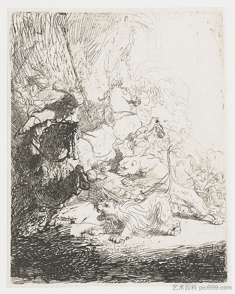 与两只狮子一起狩猎小狮子 The small lion hunt with two lions (1629),伦勃朗