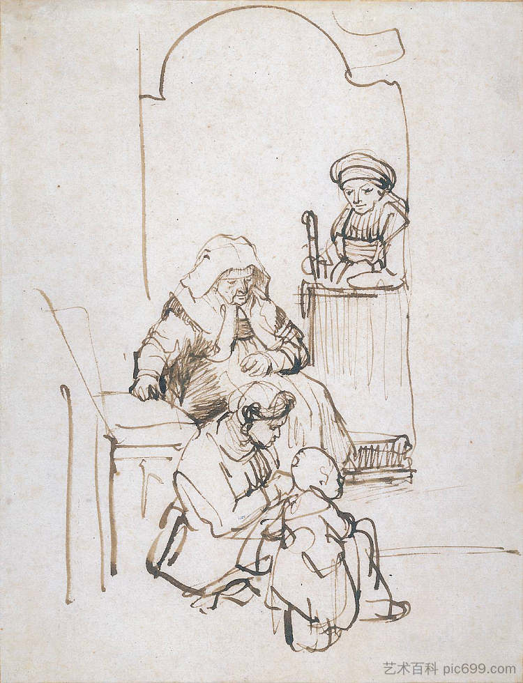 三个女人和一个孩子在门口 Three Women and a Child at the Door (c.1645)，伦勃朗